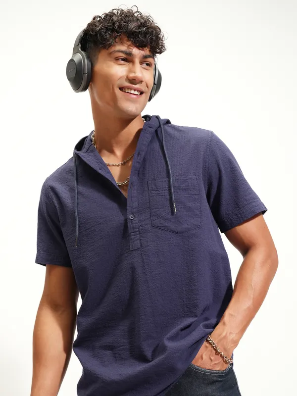 Highlander Men Navy Blue Self Design Slim Fit Casual Shirt