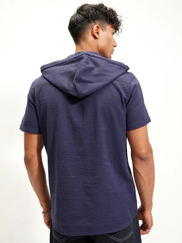 Highlander Men Navy Blue Self Design Slim Fit Casual Shirt