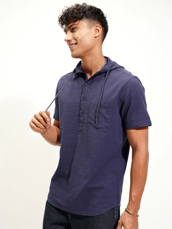 Highlander Men Navy Blue Self Design Slim Fit Casual Shirt