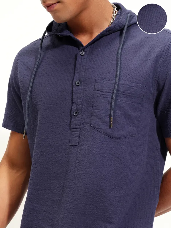 Highlander Men Navy Blue Self Design Slim Fit Casual Shirt