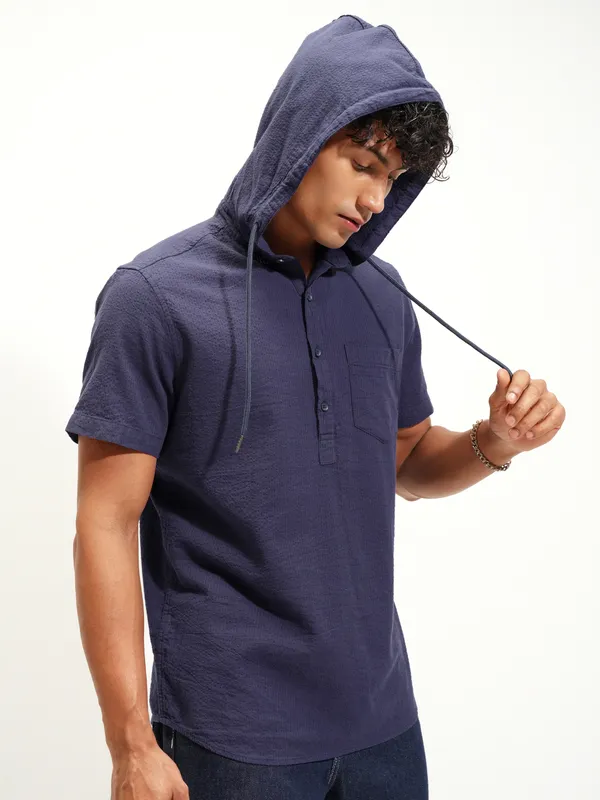 Highlander Men Navy Blue Self Design Slim Fit Casual Shirt