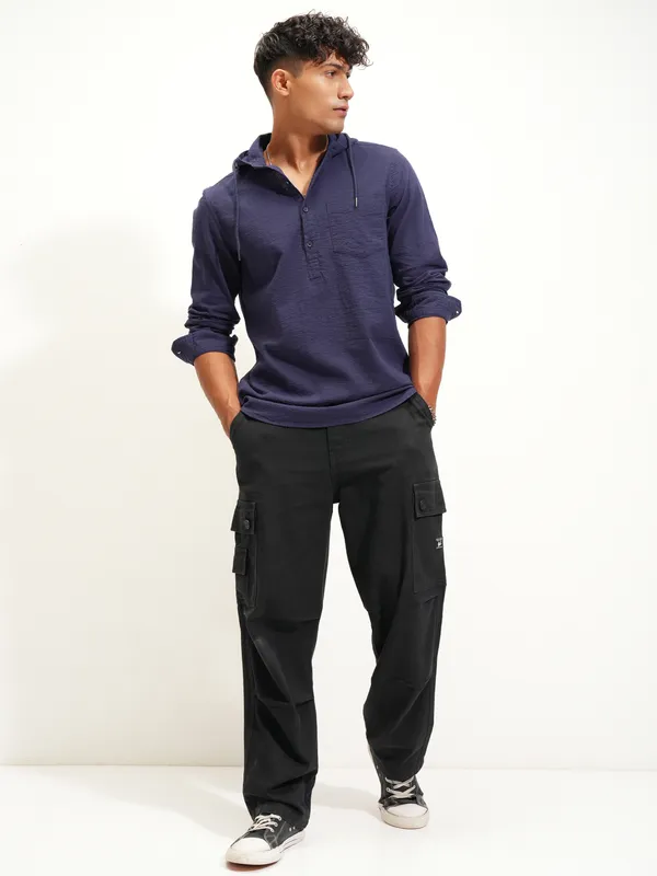 Highlander Men Navy Blue Self Design Slim Fit Casual Shirt