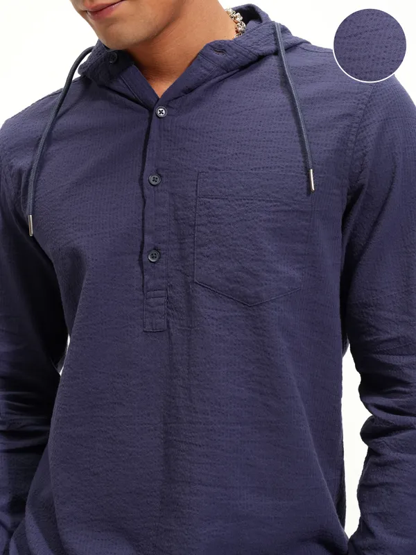 Highlander Men Navy Blue Self Design Slim Fit Casual Shirt