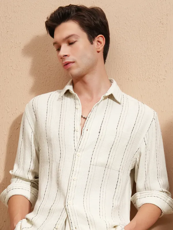 Highlander Men White Striped Relaxed Fit Casual Shirt