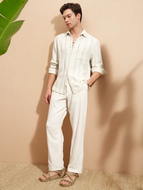 Highlander Men White Striped Relaxed Fit Casual Shirt