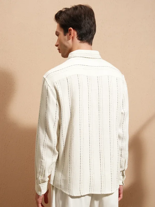 Highlander Men White Striped Relaxed Fit Casual Shirt