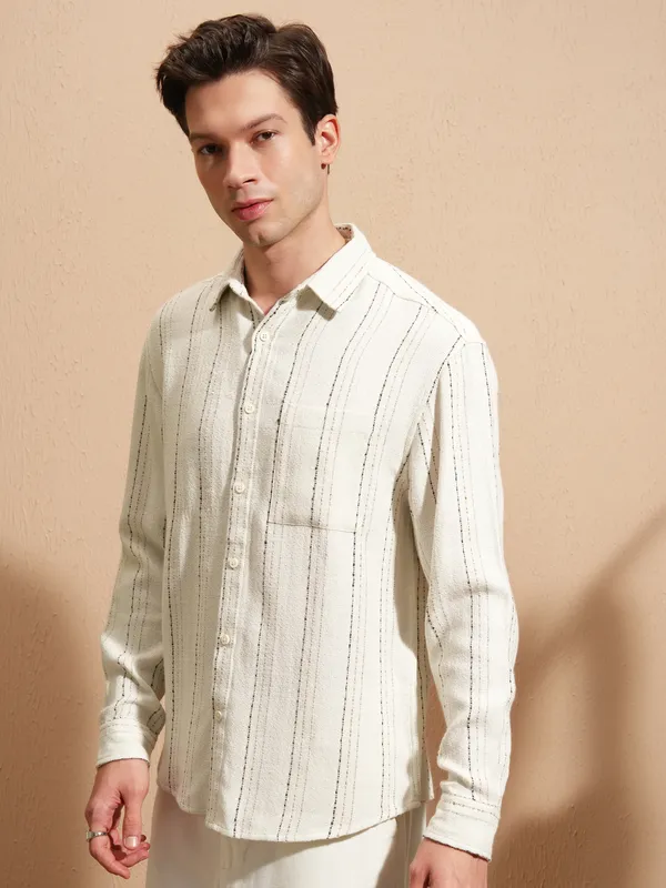 Highlander Men White Striped Relaxed Fit Casual Shirt