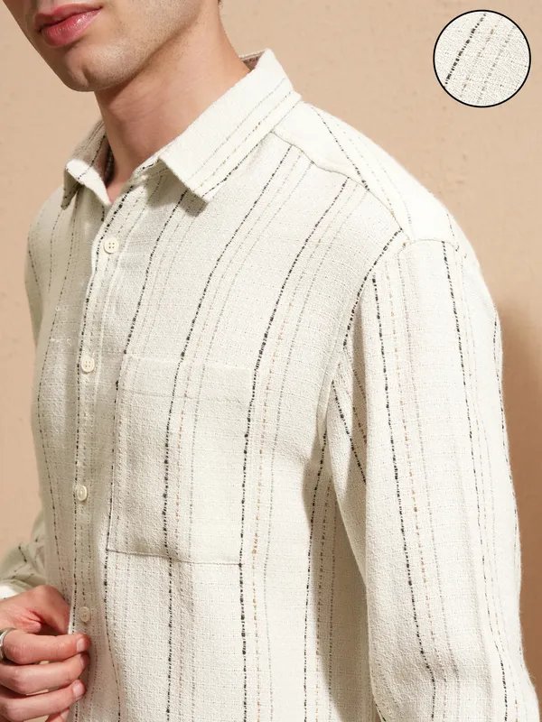 Highlander Men White Striped Relaxed Fit Casual Shirt