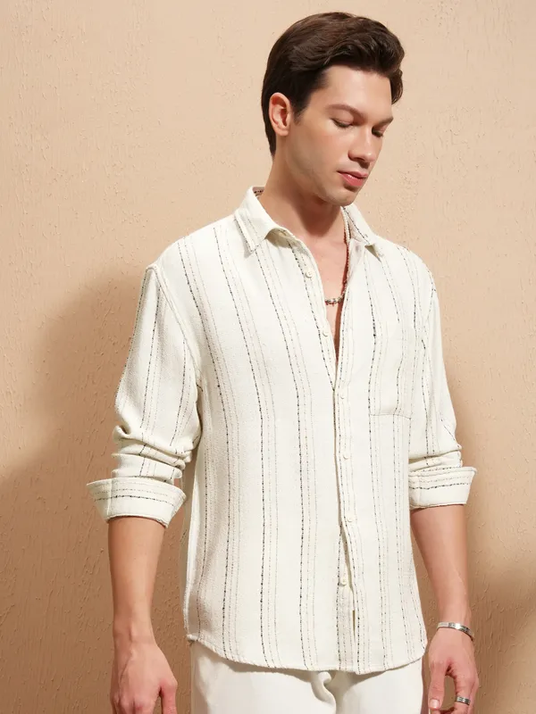 Highlander Men White Striped Relaxed Fit Casual Shirt