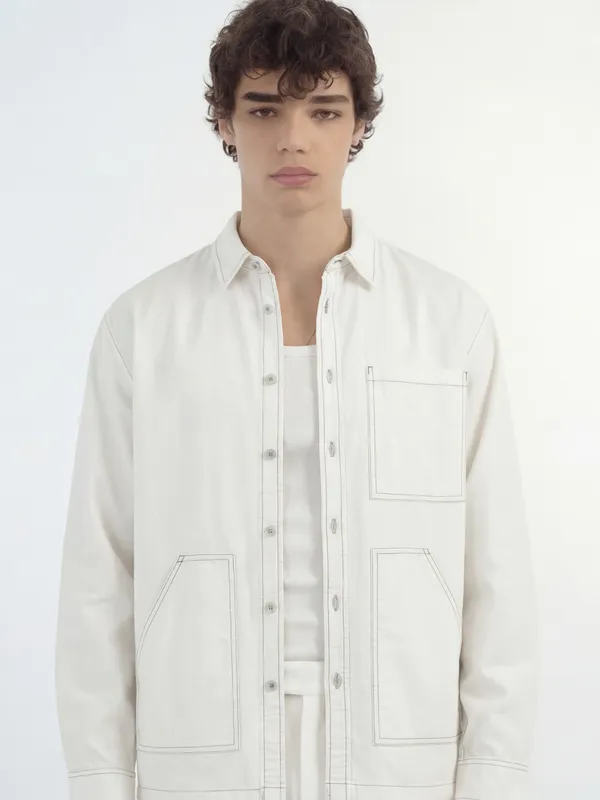 Highlander Men White Solid Oversized Fit Casual Shirt