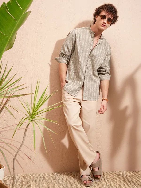Highlander Men Beige Striped Relaxed Fit Casual Shirt