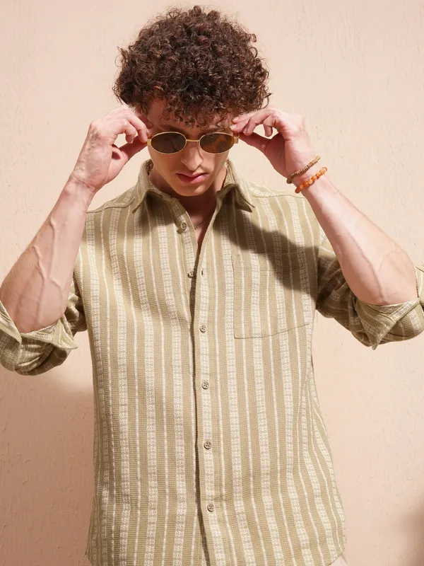 Highlander Men Beige Striped Relaxed Fit Casual Shirt