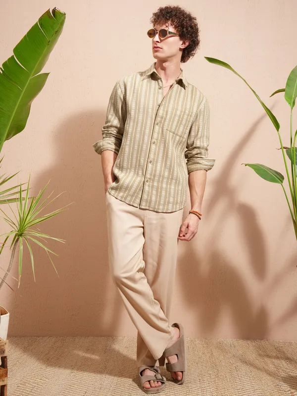 Highlander Men Beige Striped Relaxed Fit Casual Shirt