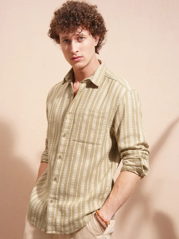 Highlander Men Beige Striped Relaxed Fit Casual Shirt