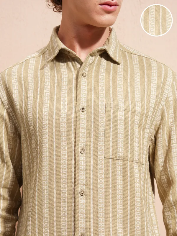 Highlander Men Beige Striped Relaxed Fit Casual Shirt