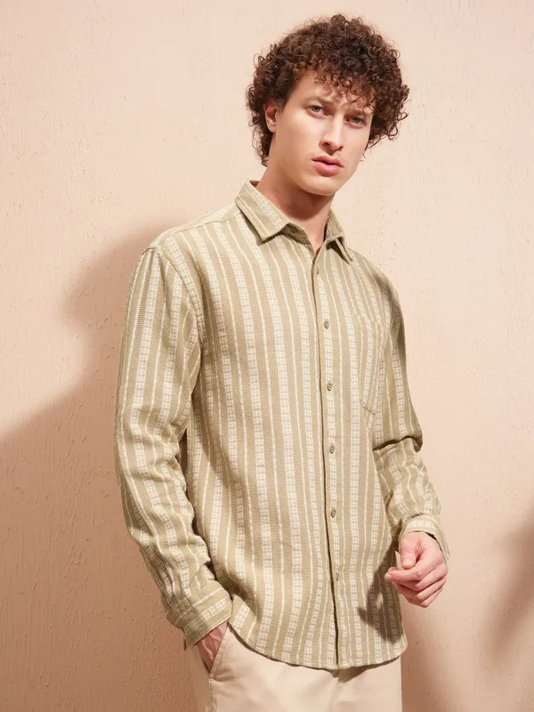 Highlander Men Beige Striped Relaxed Fit Casual Shirt