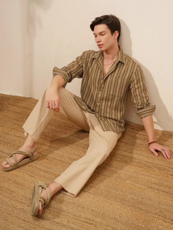 Highlander Men Khaki Striped Relaxed Fit Casual Shirt