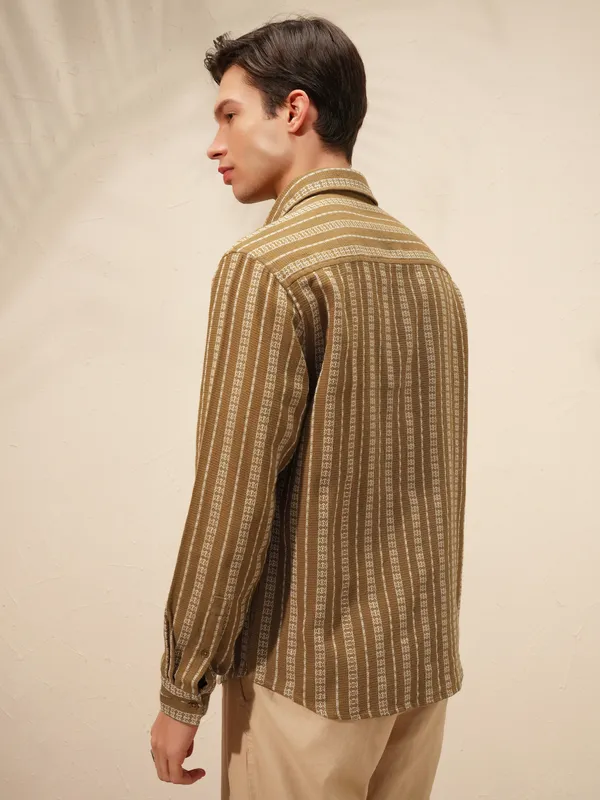 Highlander Men Khaki Striped Relaxed Fit Casual Shirt
