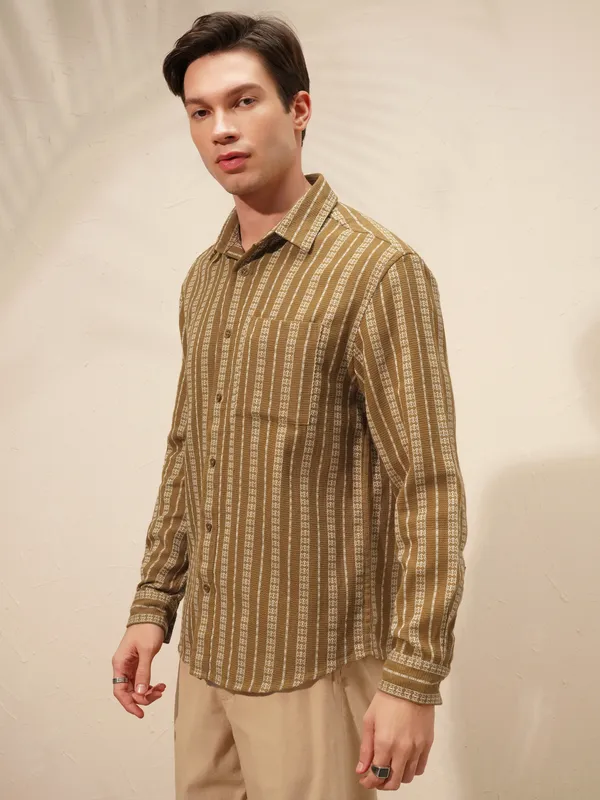 Highlander Men Khaki Striped Relaxed Fit Casual Shirt