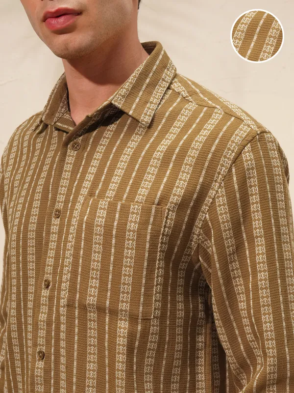 Highlander Men Khaki Striped Relaxed Fit Casual Shirt