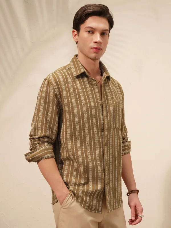 Highlander Men Khaki Striped Relaxed Fit Casual Shirt