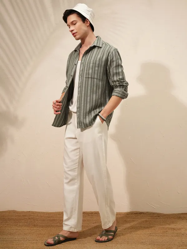 Highlander Men Olive Striped Relaxed Fit Casual Shirt