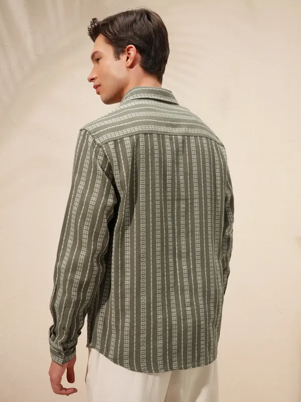 Highlander Men Olive Striped Relaxed Fit Casual Shirt