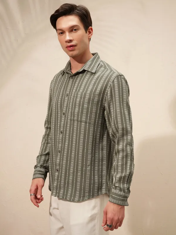 Highlander Men Olive Striped Relaxed Fit Casual Shirt