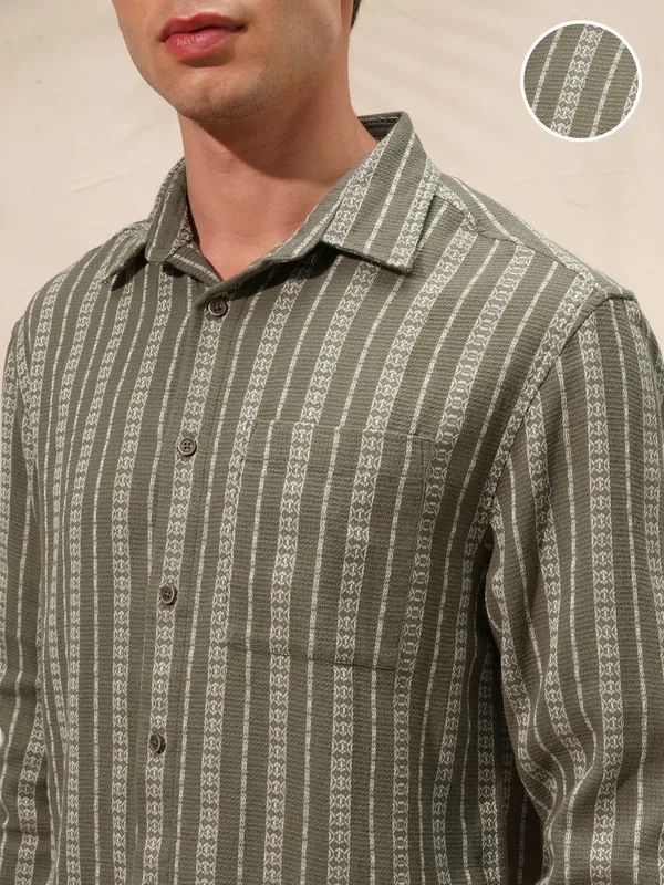 Highlander Men Olive Striped Relaxed Fit Casual Shirt