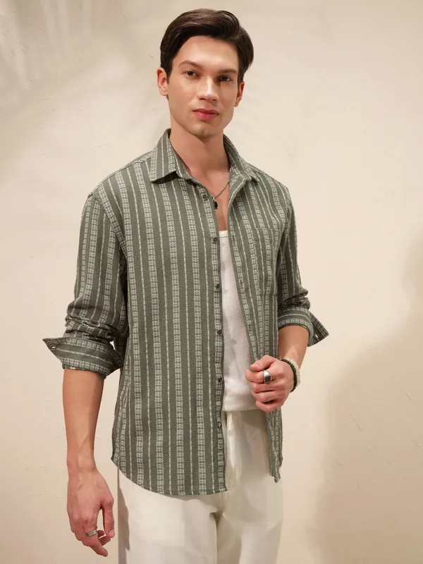 Highlander Men Olive Striped Relaxed Fit Casual Shirt