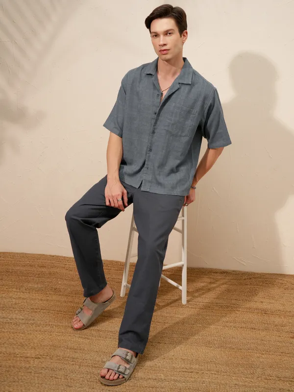 Highlander Men Blue Self Design Boxy Casual Shirt