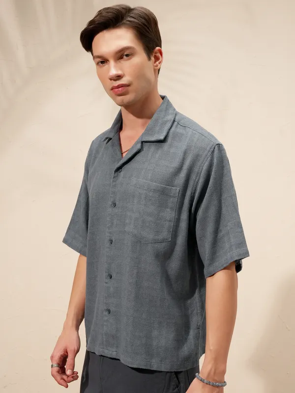 Highlander Men Blue Self Design Boxy Casual Shirt