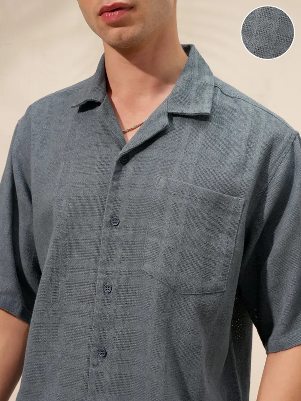 Highlander Men Blue Self Design Boxy Casual Shirt