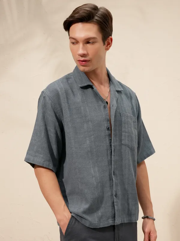 Highlander Men Blue Self Design Boxy Casual Shirt