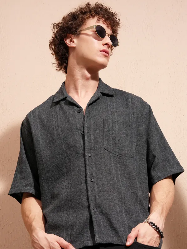 Highlander Men Charcoal Self Design Boxy Casual Shirt