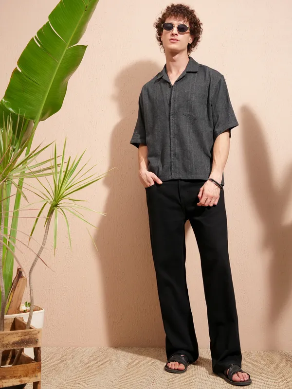 Highlander Men Charcoal Self Design Boxy Casual Shirt