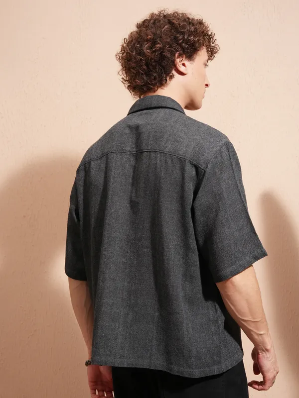 Highlander Men Charcoal Self Design Boxy Casual Shirt