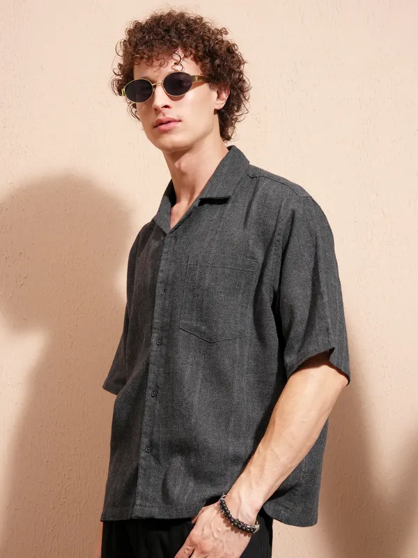 Highlander Men Charcoal Self Design Boxy Casual Shirt
