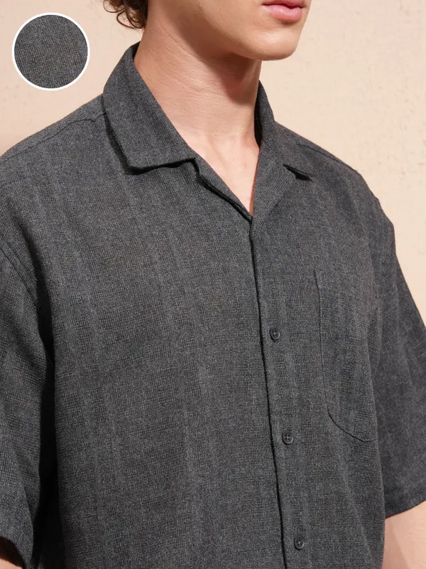 Highlander Men Charcoal Self Design Boxy Casual Shirt