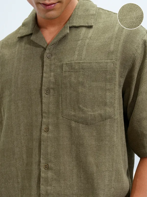 Highlander Men Olive Self Design Boxy Fit Casual Shirt