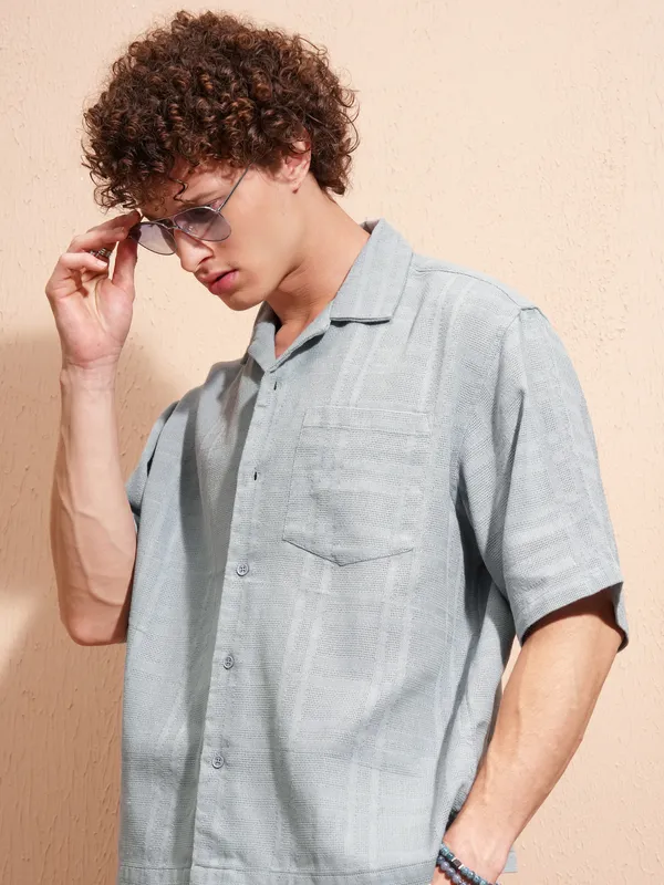 Highlander Men Blue Self Design Boxy Fit Casual Shirt