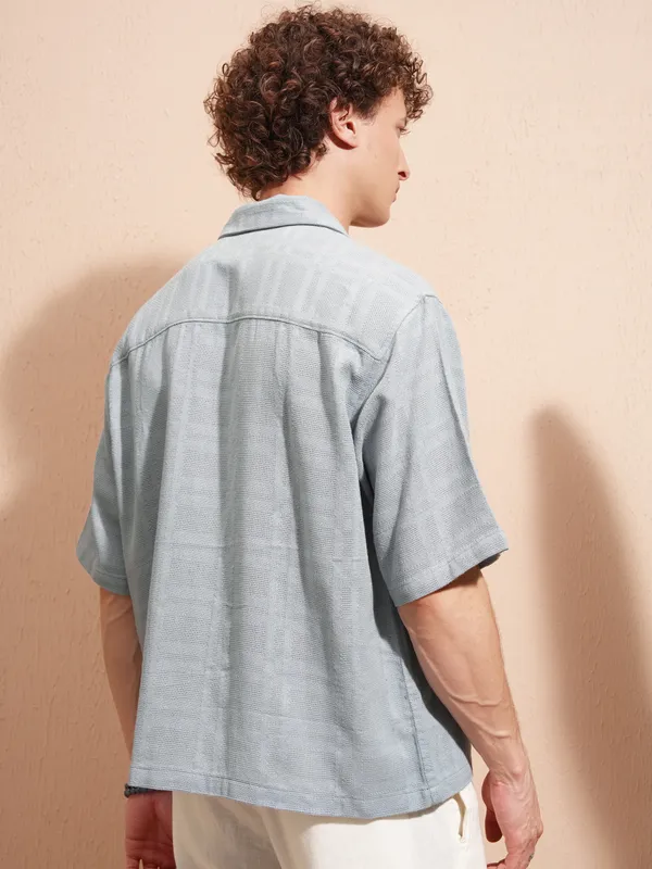 Highlander Men Blue Self Design Boxy Fit Casual Shirt