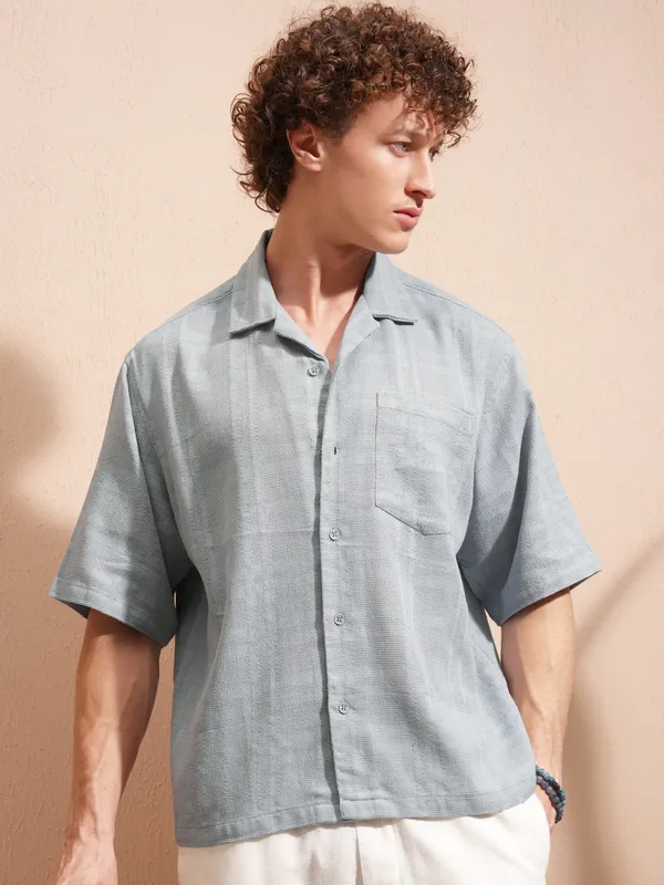 Highlander Men Blue Self Design Boxy Fit Casual Shirt