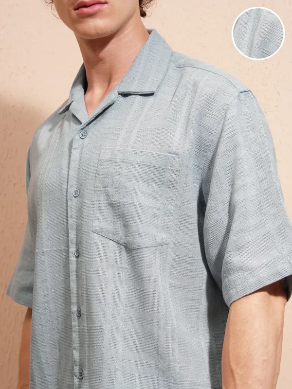 Highlander Men Blue Self Design Boxy Fit Casual Shirt