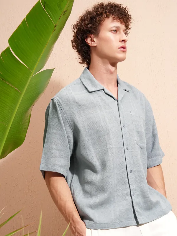 Highlander Men Blue Self Design Boxy Fit Casual Shirt