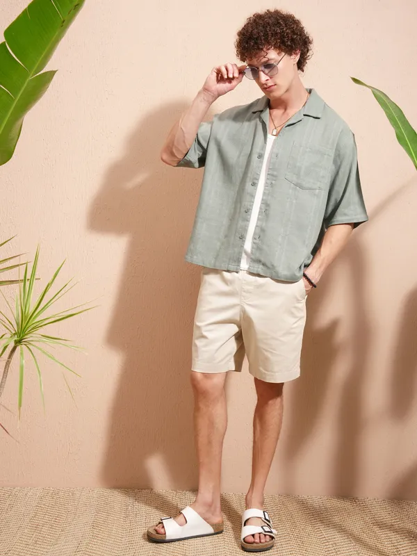 Highlander Men Grey Self Design Boxy Fit Casual Shirt