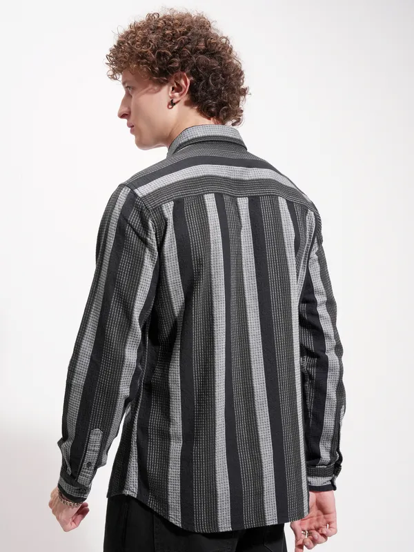 Highlander Men Black Striped Slim Fit Casual Shirt