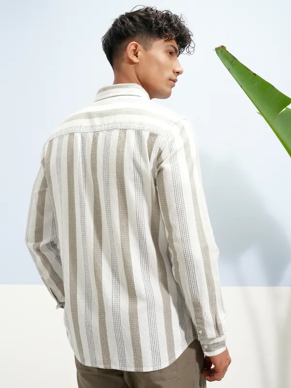 Highlander Men White Striped Slim Fit Casual Shirt