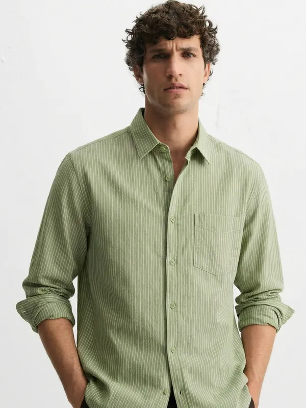 Highlander Men Olive Striped Slim Fit Casual Shirt