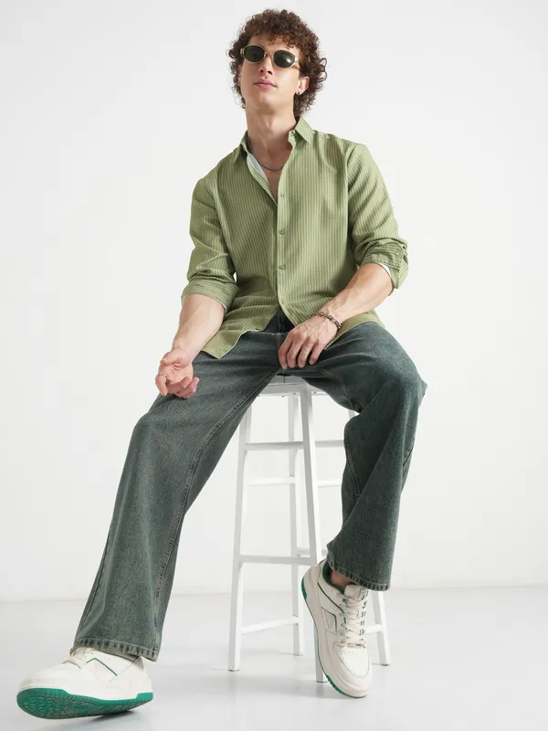 Highlander Men Olive Striped Slim Fit Casual Shirt